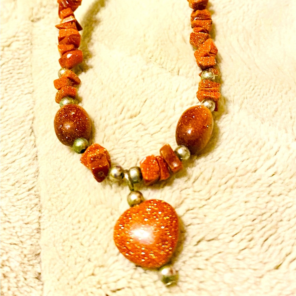 Handcrafted Orange Goldstone Chip & Oval Beaded Necklace Heart Drop Toggle Clasp